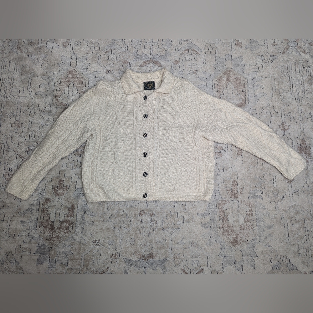 Carraig Donn Womens Cream Button-Up Wool Cardigan Medium Ireland Cable Fisherman
